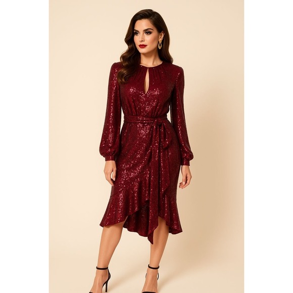 Sachin + Babi Dresses & Skirts - Sachin & Babi Burgundy Sequin Midi Dress L Designer Runway Glam Luxe Holiday NYE